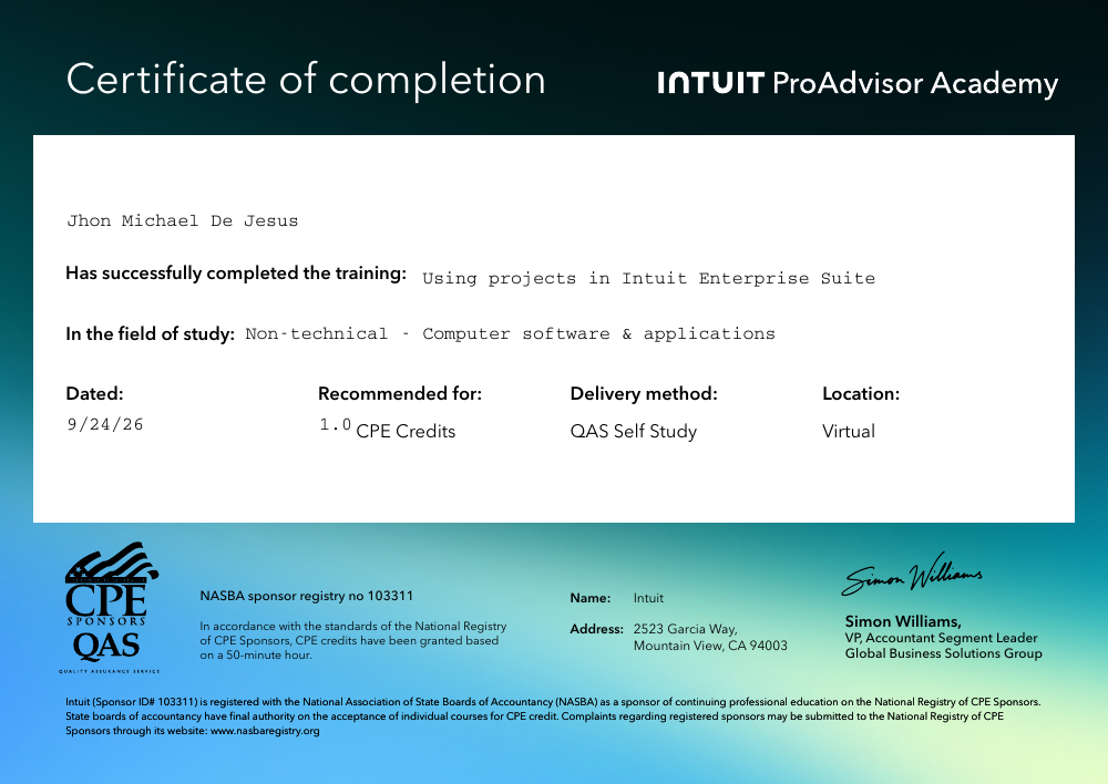 Using Projects in Intuit Enterprise Suite CPE certificate